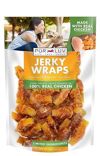 Pur Luv Dog Treats, Chicken & Sweet Potato Jerky Wraps, Made with Real Chicken, 16 Ounces, Rawhide Free, Healthy, Easily Digestible, Long Lasting, High Protein Dog Treat, Satisfies Dog's Urge to Chew - Chicken / Sweet Potato Jerky - 1 Pound (Pack of 1)