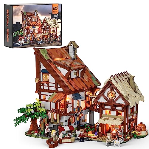 FUNWHOLE Medieval-Market Lighting Building-Bricks Set - Medieval Town LED Light Construction Building Model Set 2614 Pcs for Adults and Teen