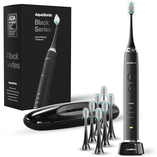 AquaSonic Black Series Ultra Whitening Toothbrush – ADA Accepted Rechargeable Toothbrush - 8 Brush Heads & Travel Case - Ultra Sonic Motor & Wireless Charging - 4 Modes w Smart Timer - Sonic Electric
