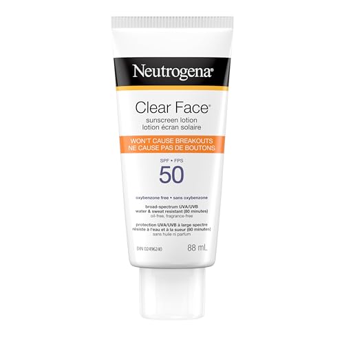 Neutrogena Clear Face Sunscreen Lotion for Acne-Prone Skin, Broad Spectrum SPF 50 UVA/UVB Protection, Oil-, Fragrance- & Oxybenzone-Free Facial Sunscreen, Non-Comedogenic, 88 mL
