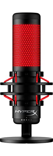 HyperX QuadCast - USB Condenser Gaming Microphone, for PC, PS4, PS5 and Mac, Anti-Vibration Shock Mount, Four Polar Patterns, Pop Filter, Gain Control, Podcasts, Twitch, YouTube, Discord, Red LED - Red Lighting