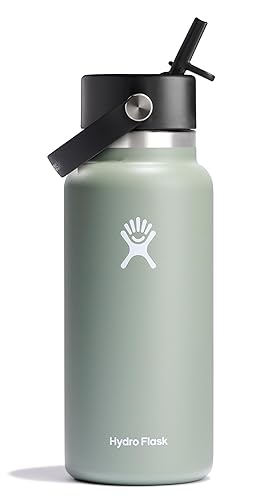 HYDRO FLASK Wide Mouth vacuum insulated stainless steel water bottle with leakproof closeable straw lid for cold water drinks, sports, travel, car and school - 32 Oz - Agave