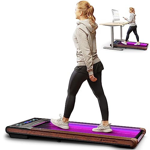 Sportstech sWalk Walking Pad Laufband mit LED - 1-6 km/h Geschwindigkeit mit interaktivem LCD-Display & Bluetooth Lautsprecher - Flexibles Under Desk Schreibtisch Treadmill für Zuhause & Büro - sWalk - Holzoptik dunkelbraun