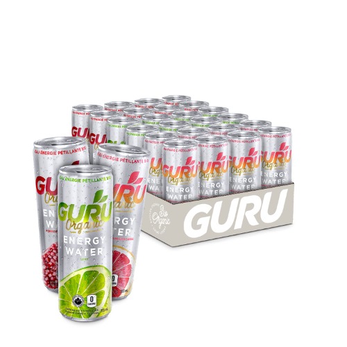 GURU Energy Sparkling Water Mix Pack | Lime, Grapefruit, Pomegranate | 0 Calories | Sugar Free | Certified Organic | 100mg Caffeine | Naturally Sweetened | 355ml (Pack of 24) - 