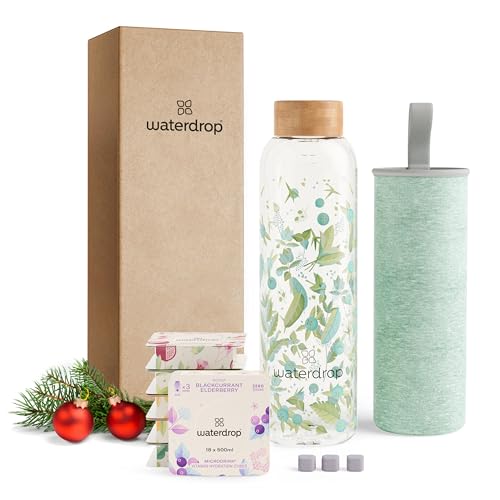 waterdrop® Weihnachts-Geschenk Set: Glasflasche mit 18 Microdrinks - 6 Sorten, 600ml Borosilikatglas, Trinkflasche Kohlensäure geeignet, Zuckerfreies Pulver, Geschenkset für Frauen & Männer - Clean Melange