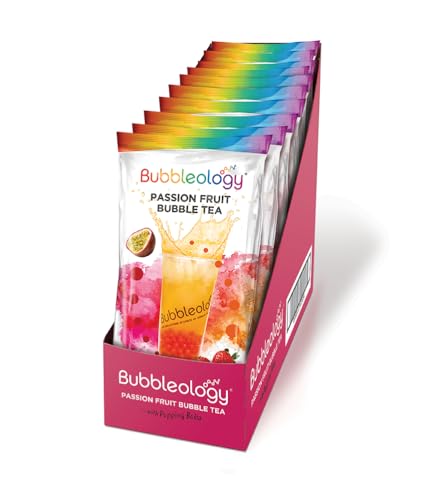 Bubbleology Passion Fruit Bubble Tea (Pack of 10) Single Serve Sachets with Strawberry Popping Boba | Makes 10 Delicious Bubble Teas | Just Add Water