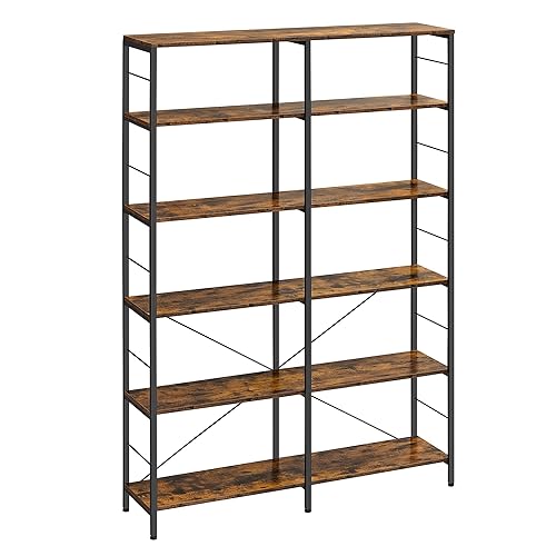 VASAGLE 6-Tier Bookshelf, Shelving Unit, Tall Storage Shelf, 30 x 120 x 172.5 cm, Industrial Style, Room Divider, Living Room, Study, Kitchen, Rustic Brown and Black LLS114B01