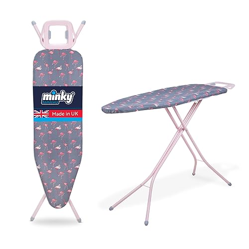 Minky Ironing Board Flamingo Pink, Large Ironing Board, 122 x 38cm Iron Board, Angled Iron Rest, Adjustable Height up to 94cm, Foldable and Collapsible Iron Table, Cover Included, Pink Frame - Pink Flamingo