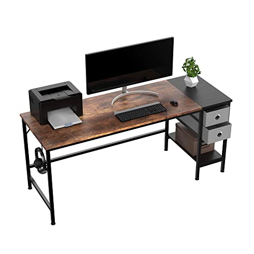 HOMIDEC Computer Desk, Office Work Desk for student and worker, Writing Desk with drawer and Headphone Hook, Laptop Table with shelves, Modern Style Desks for Bedroom, Home, Office(160x60x75cm) - 160cm - Vintage