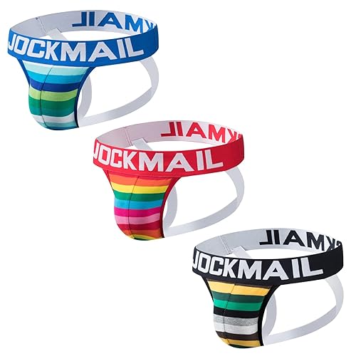 JOCKMAIL 3PCS/Pack Men Briefs Jockstrap Cotton Mens Rainbow Stripe Jock Strap Comfortable Mens Jockstrap - L - Black+blue+red