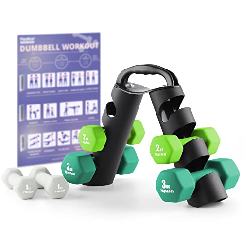 PhysKcal Dumbbells Set of 6 with Storage Stand, Hand Weights Set for Body Toning, Cardio, Strength Training at Home - Mist, Lime, Forest - 12kg set | 2 x (1+2+3)