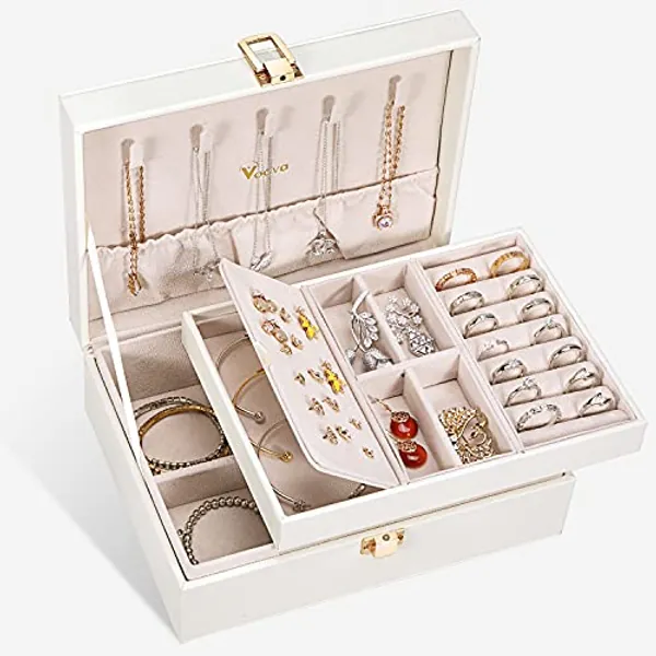 Voova Jewelry Box Organizer for Women Girls, 2 Layer Large Men Jewelry Storage Case, PU Leather Display Jewellery Holder with Removable Tray for Necklace Earrings Rings Bracelets, Vintage Gift, White - White