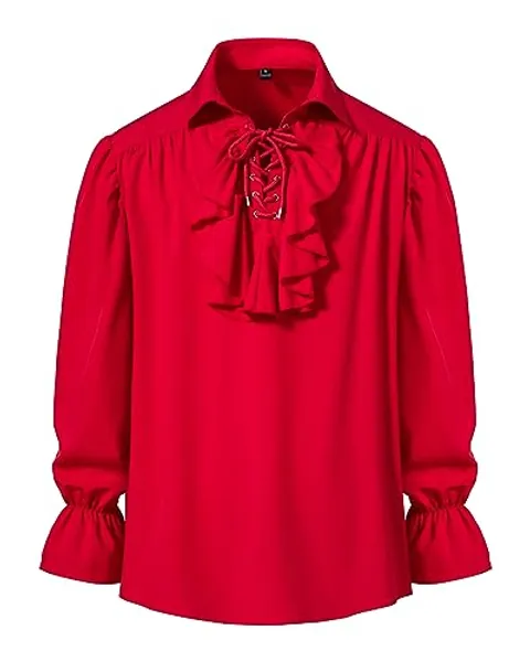 Men's Retro Renaissance Steampunk Victorian Long Sleeve Jabot Collar Medieval Pirate Lace Up Shirt Tops