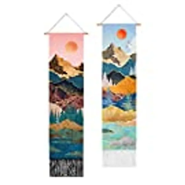 RosieLily Mountain Tapestry Long Tapestry, Nature Tapestry Vertical Tapestry, Blue and Pink Narrow Forest Tree Sunset Landscape Tapestries for Bedroom Wall Decor, 2 Pack, 13" W x 51" H Inches