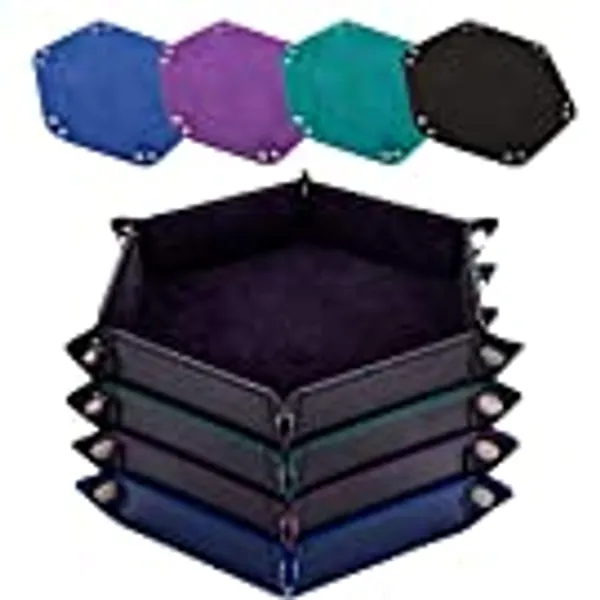 SIQUK 4 Pieces Dice Tray Portable Dice Trays Hexagon Dice Roller Tray PU Leather Rolling Dice Trays for Dice Games Like RPG, DND and Other Table Games (Black, Cyan, Violet, Royal Blue)