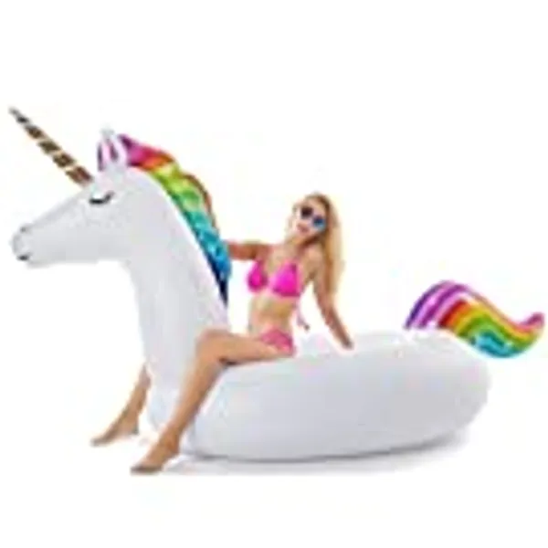 Jasonwell Giant Inflatable Unicorn Pool Float Floatie Ride On with Fast Valves Large Rideable Blow Up Summer Beach Swimming Pool Party Lounge Raft Decorations Toys Kids Adults
