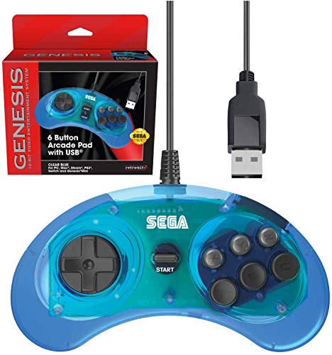 Retro-Bit Official Sega Genesis USB Controller 6-Button Arcade Pad for Sega Genesis Mini, PS3, PC, Mac, Steam, Switch - USB Port - (Clear Blue) - Clear Blue