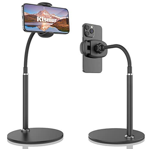 Cell Phone Stand, Adjustable Height & Angle Gooseneck Phone Stand for Desk Flexible Arm Universal Phone Holder, Aluminum Alloy Desktop Phone Stand for Recording Compatible with 3.5"-7" Device (Black) - Black