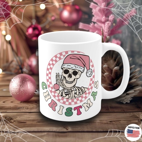 Pink Skeleton Christmas Mug, spooky cute - 11oz