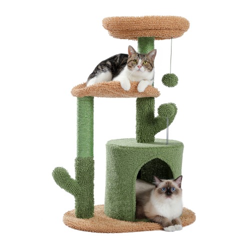 PAWZ Road Cat Tree 32 Inches Cactus Cat Tower with Sisal Covered Scratching Post, Cozy Condo, Plush Perches and Fluffy Balls for Small Indoor Cats - Green