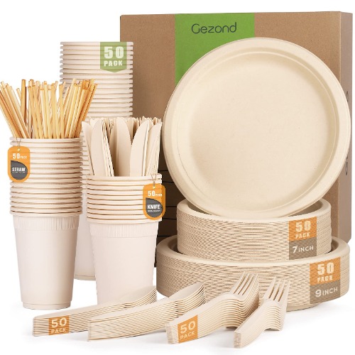 Gezond 350pcs Compostable Paper Plates Set, Eco-Friendly Heavy-Duty Disposable Paper Plates Cutlery Includes Biodegradable Plates, Forks, Knives, Spoons, Cups and Straws for 50 Guests - Brown