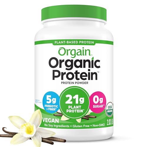 Orgain Organic Vegan Protein Powder, Vanilla Bean - 21g Plant Based Protein, Gluten Free, Dairy Free, Lactose Free, Soy Free, No Sugar Added, Kosher, For Smoothies & Shakes - 2.03lb - Vanilla