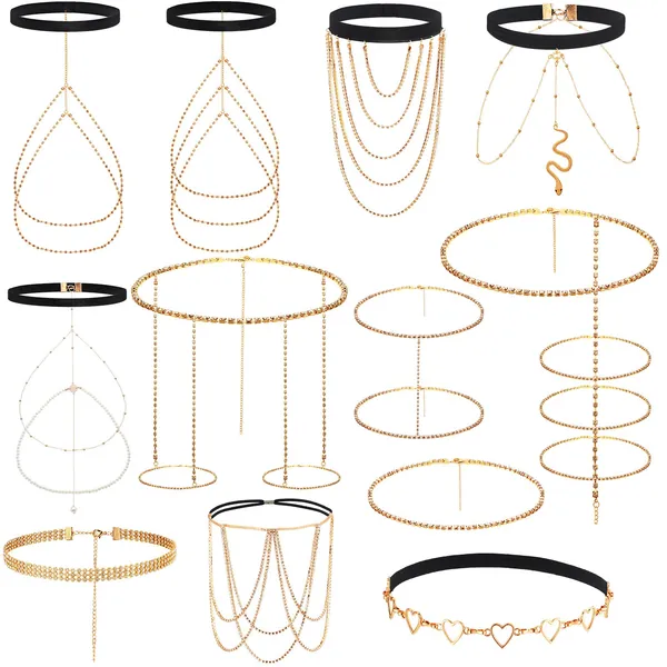 12 Pcs Crystal Leg Chain Thigh Jewelry for Women Gold Thigh Chains Snake Body Glitter Jewelry for Women Boho Layered Body Chain for Women Girls Summer Holiday, /, Horn, /