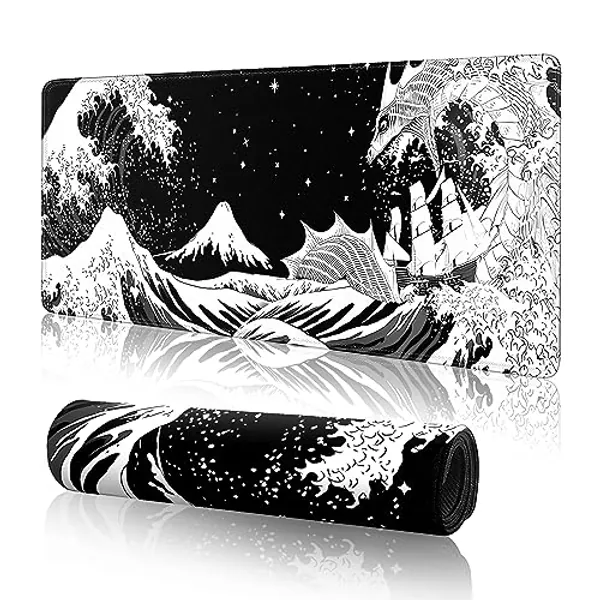 Japanese Wave Dragon Large Gaming Mouse Pad,Black Mouse Pad Gaming 31.5 x 11.8 in Mouse Mat Desk Pad,Extended Keyboard Pad Large Desk Mat Mousepad with Non-Slip Base and Stitched Edge for Home Office