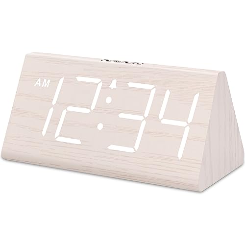 DreamSky Wooden Digital Alarm Clocks for Bedrooms - Electric Desk Clock with Large Numbers, USB Port, Battery Backup, Adjustable Volume, Dimmer, Snooze, DST, 12/24H, Living Room Wood Décor - White