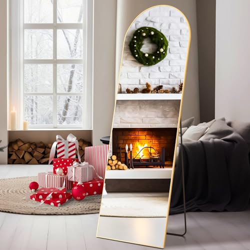 Sweetcrispy Arched Full Length Mirror 59"x16" Full Body Floor Mirror Standing Hanging or Leaning Wall, Arch Wall Mirror with Stand Aluminum Alloy Thin Frame for Bedroom Cloakroom Living Room,Gold - Gold-arched - 59"×16"