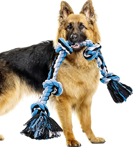 Bmag Dog Rope Toys for Aggressive Chewers, Heavy Duty Dog Toys for Medium Large Dogs, Tough Twisted Rope Toy with 5 Knots - Blue