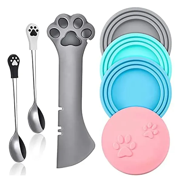 Pet Food Can Supplies Set, Include 4 Pieces Silicone Pet Can Covers, Cat Can Lids, 1 Pieces Multi-Functional Pet Can Openers and 2 Pieces Cat Claw Stainless Steel Pet Food Spoons for Pets Dogs Cats Feeding Can Food Storage(7PCS)