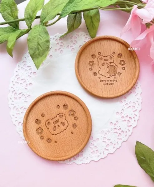 Cute Bear Wooden Coaster  Round Wood Coaster Cute Animal | Etsy