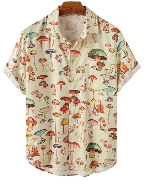 PAODIKUAI Men's Printed Shirt Button Down Short Sleeve Cute Mushroom Hawaiian Shirt