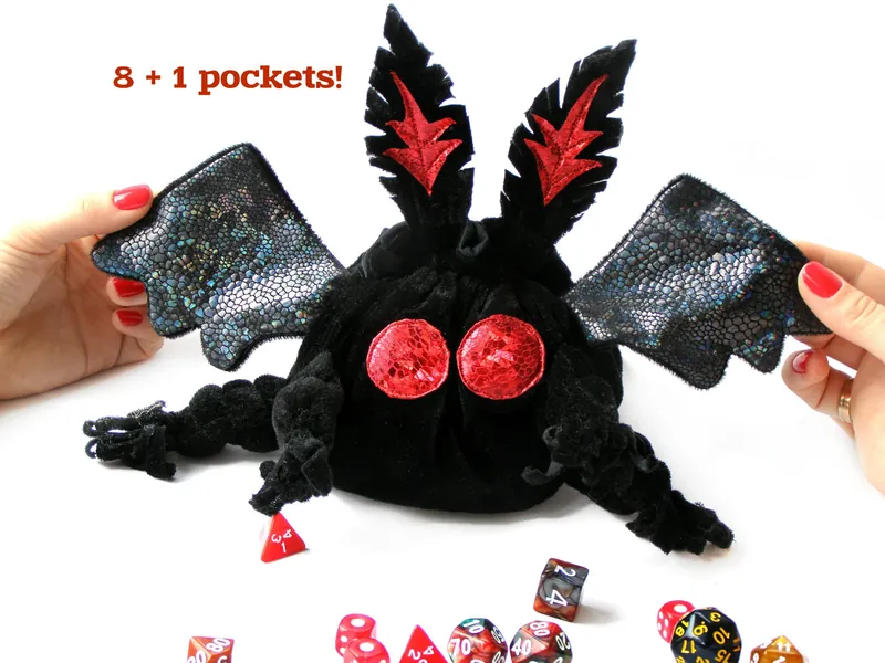 Mothman dice bag pockets. DND dice bag. Dice Pouch. Dice holder. large dice bag. luna moth
