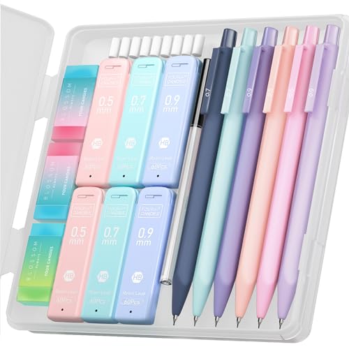 Four Candies Cute Mechanical Pencil Set, 6PCS Pastel Mechanical Pencils 0.5mm & 0.7mm & 0.9mm with 360PCS Leads, 3PCS Erasers and 9PCS Eraser Refills, Aesthetic Pencils for Girls Writing, Art Drawing - 0.5mm + 0.7mm + 0.9mm
