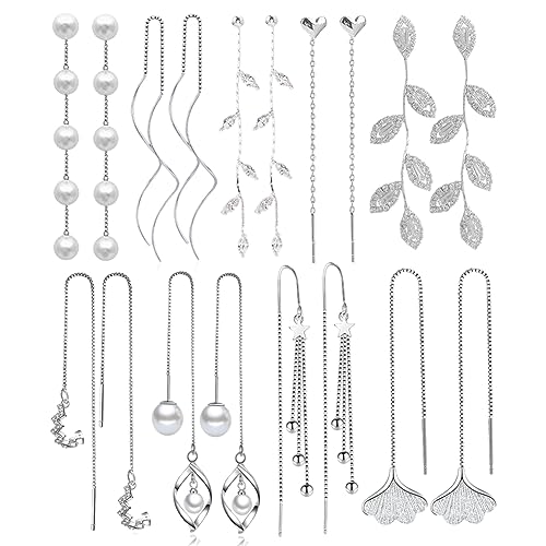 9 Pairs Long Tassel Dangle Earrings for Women Girls Sparkling CZ Threader Drop Earrings Chain Olive Leaf Wedding Bridal Earrings Set - silvery set