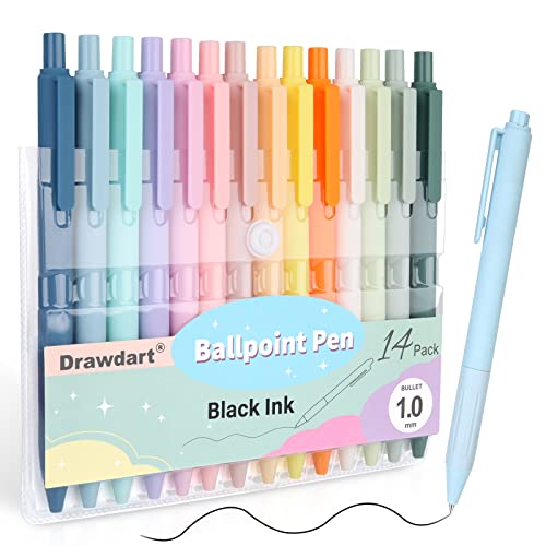 Drawdart 14-Pack Pastel Ballpoint Pens, Medium 1.0mm Black Ink, Retractable - For Smooth Writing and Journaling - 14Cute-Black