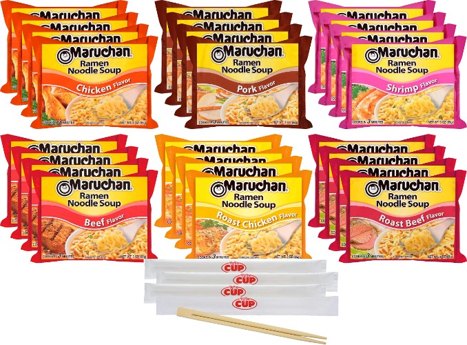 Maruchan Ramen Noodle Soup Variety - 6 Flavors, Pack of 24 with By The Cup Chopsticks