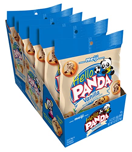 Meiji Hello Panda Cookies, Vanilla Crème Filled - 2.2 oz, Pack of 6 - Bite Sized Cookies with Fun Panda Sports - Vanilla - 2.2 Ounce (Pack of 6)