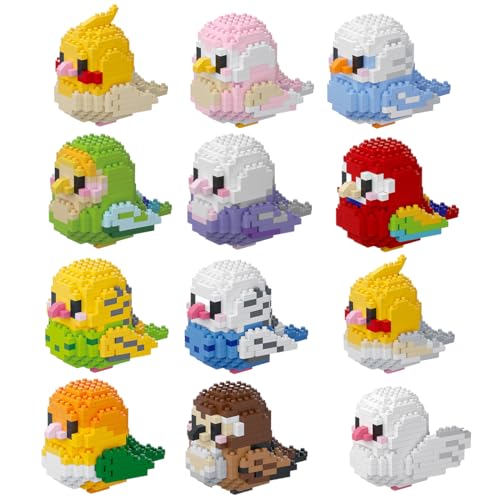 Elegrafy 12 Full Set Gift Box Version - Parrot Cute Bird Series Mini Bricks Micro Building Kit for Kids Pets Toys Compatible Nano - 12 Full Set
