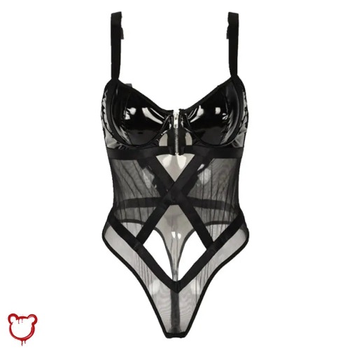 "Mesh Patent Goth Bodysuit" - Black / XL