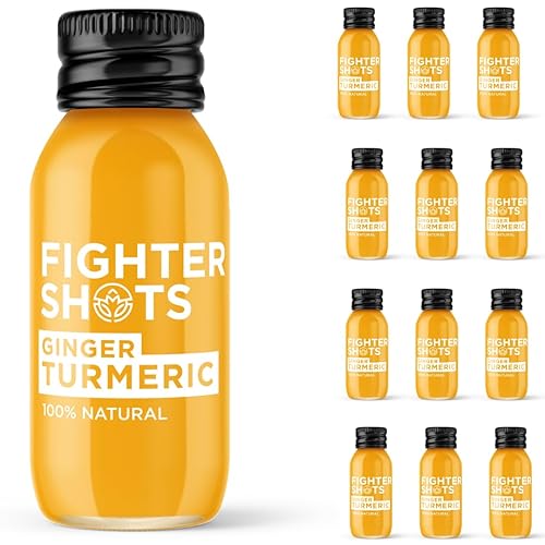 Fighter Shots Ginger + Turmeric (12x60ml) | Reduces Bloating | Boosts Immunity | 100% Natural | Perfect Morning/Post Workout Pick Me Up | No Preservatives | Fresh and Fiery Turmeric Shots - Ginger + Turmeric - 60 ml (Pack of 12)