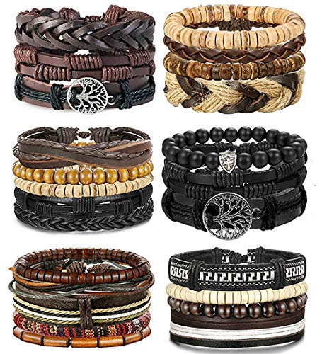 Besteel 24PCS Braided Leather Bracelets for Men Women Punk Goth Vintage Bracelet Adjustable Life of Tree Bracelet Rope Wrap Set