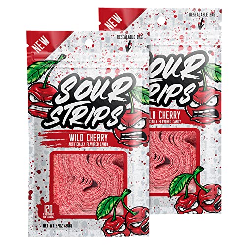 Sour Strips Flavored Sour Candy Strips, Deliciously Sour Chewy Candy Belts, Vegetarian Candies, 2 Pack (Wild Cherry (2 Pack)) - Wild Cherry (2 Pack)