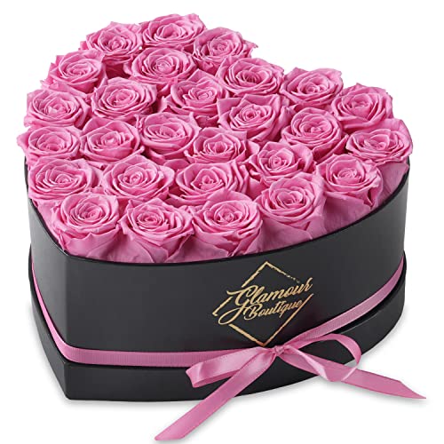 GLAMOUR BOUTIQUE 27-Piece Forever Flowers Heart Shape Box - Preserved Roses, Immortal Roses That Last A Year - Eternal Rose Preserved Flowers for Delivery Prime Mothers Day & Valentines Day - Pink - 27 Roses - Pink 27 Roses