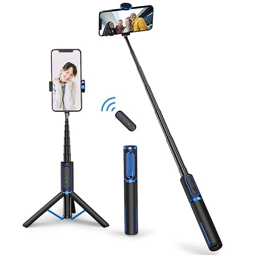 ATUMTEK Selfie Stick Tripod, Extendable 3 in 1 Aluminum Bluetooth Selfie Stick with Wireless Remote and Tripod Stand for iPhone 16/15/14/13/12/11 Pro Max/XS Max/XS/XR/X/8/7, Samsung Smartphones Blue - Blue