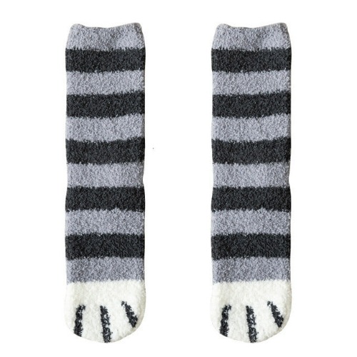 Kawaii Warm Cat Paw Fuzzy Socks - 1 x Grey Stripe