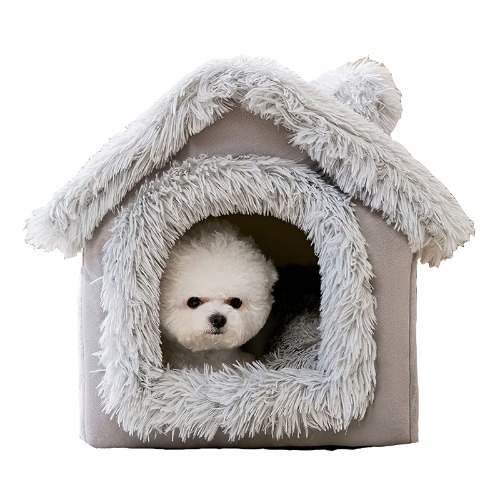 Inomhus hundhus husdjurssäng tält hus modellering hund kennel kattbädd lämplig för små hundar och katter tvättbar med avtagbar kudde lätt och varm universell för alla fyra årstider (grå M-kod) - M-L17.3"×W14.2"×H15.4" - färg_1