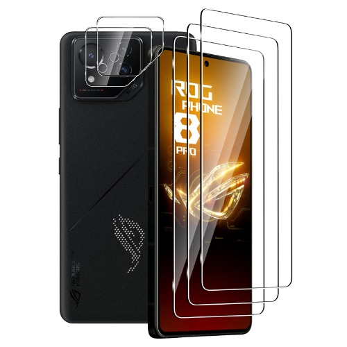 FWKDWHPH [3+2-pack] skyddsfilm i härdat glas för Asus ROG Phone 8/ROG Phone 8 Pro och kameraskyddsfilm, 9H hårdhet, reptålig, bubbelfri, HD-skärmskydd